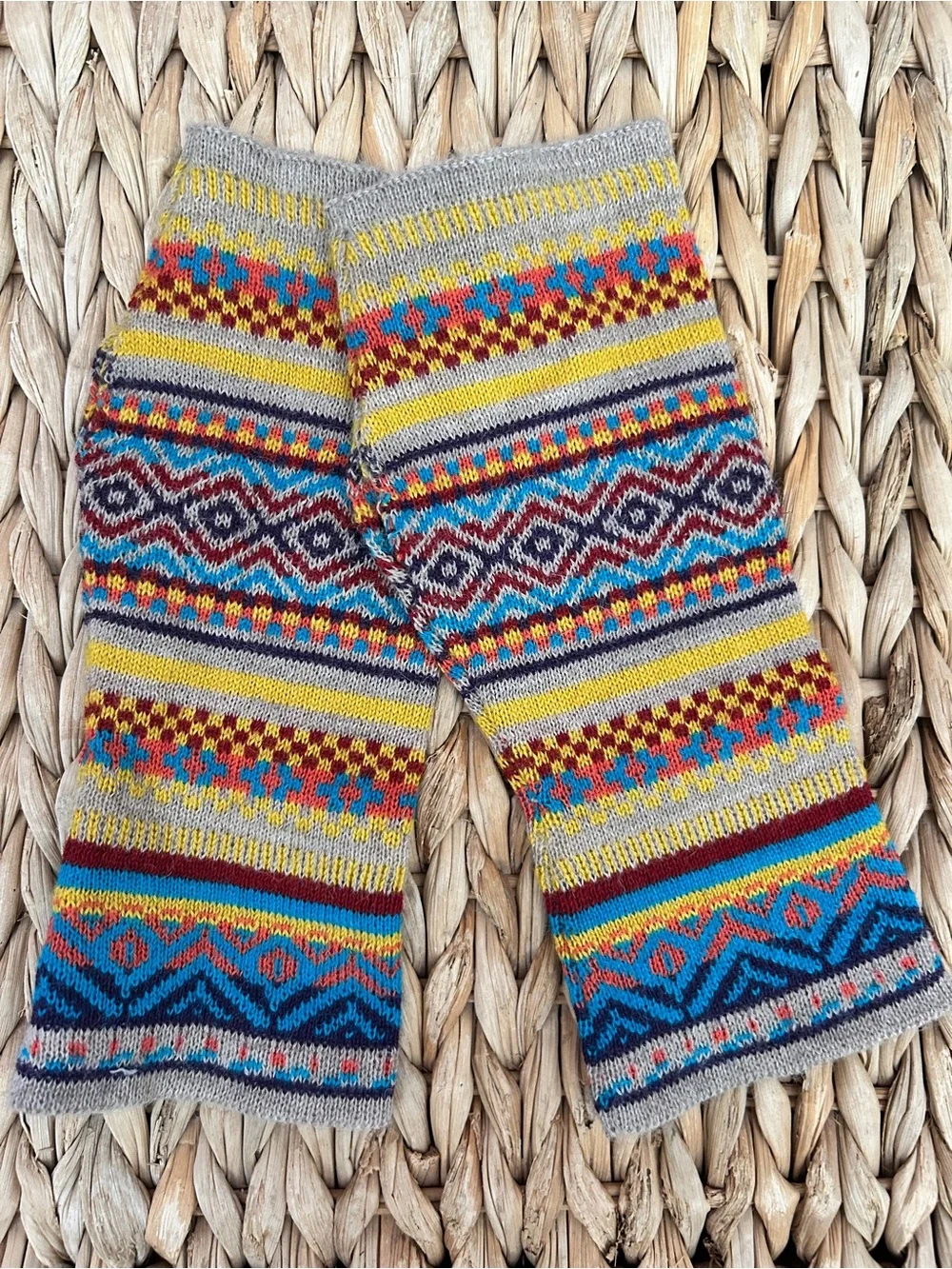 Peruvian Knit Hand Warmers Colorful Geometric Boho Arm Warmers Gray Yellow Blue